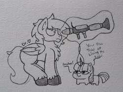 Size: 2739x2055 | Tagged: safe, artist:drheartdoodles, twilight sparkle, oc, oc:dr.heart, clydesdale, pegasus, pony, unicorn, g4, chest fluff, high res, levitation, magic, monochrome, rocket launcher, squatpony, telekinesis, this will end in death, traditional art, twiggie