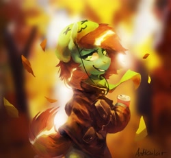 Size: 2173x2002 | Tagged: safe, artist:anticular, oc, oc only, oc:neko, earth pony, pony, autumn, clothes, coffee cup, cup, drink, falling leaves, female, hat, high res, hoof hold, jacket, leather jacket, leaves, lidded eyes, looking at you, looking back, looking back at you, mare, scarf, solo