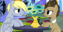 Size: 5523x2806 | Tagged: safe, artist:voronka, derpy hooves, doctor whooves, time turner, earth pony, pegasus, pony, g4, alternate hairstyle, chair, commission, dopey hooves, female, flower, looking at each other, male, mare, necktie, professor whooves, rule 63, ship:doctorderpy, ship:dopeytoress, shipping, stallion, stool, straight, table, the doctoress, vase, ych result