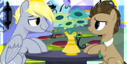 Size: 5523x2806 | Tagged: safe, alternate version, artist:voronka, derpy hooves, doctor whooves, time turner, earth pony, pegasus, pony, g4, alternate hairstyle, chair, commission, dopey hooves, female, flower, looking at each other, male, mare, necktie, r63 shipping, rule 63, ship:doctorderpy, ship:dopeytoress, shipping, stallion, stool, straight, table, the doctoress, vase, ych result