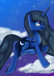 Size: 1349x1908 | Tagged: safe, artist:wild-thunder06, princess luna, alicorn, pony, g4, cloud, female, mare, night, sky, solo, underhoof