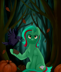 Size: 2248x2632 | Tagged: artist needed, safe, oc, oc only, oc:figure eight, bird, pony, raven (bird), unicorn, autumn, chest fluff, falling leaves, female, forest, high res, leaves, looking at you, mare, nature, pumpkin, solo, tree, yellow eyes