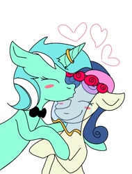 Size: 815x1070 | Tagged: safe, artist:lowname, bon bon, lyra heartstrings, sweetie drops, earth pony, pony, unicorn, g4, blush sticker, blushing, bowtie, bust, crying, eyes closed, female, floating heart, floral head wreath, flower, heart, horn, horn ring, kissing, lesbian, mare, ring, ship:lyrabon, shipping, simple background, smiling, tears of joy, wedding veil, white background