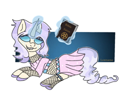 Size: 1200x900 | Tagged: safe, artist:lowname, oc, oc only, pony, unicorn, book, clothes, female, fishnet stockings, glowing horn, grin, hoof polish, horn, magic, mare, satanic, simple background, skirt, smiling, solo, telekinesis, unicorn oc, white background