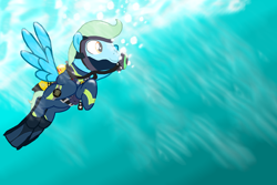 Size: 5500x3669 | Tagged: safe, artist:akififi, oc, oc only, oc:sea glow, pegasus, pony, air tank, bubble, diving, flippers (gear), full face mask, ocean, rebreather, scuba diving, scuba gear, solo, swimming, underwater, water, weight belt, wetsuit
