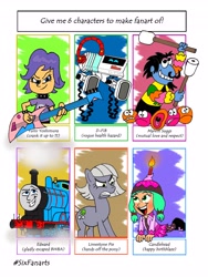 Size: 3072x4096 | Tagged: safe, artist:blue_jetpack, limestone pie, earth pony, human, pony, robot, g4, angry, candlehead, clothes, crossover, d-fib, dreamworks face, edward, edward the blue engine, female, guitar, hi hi puffy ami yumi, mare, marvin suggs, musical instrument, six fanarts, the muppet show, thomas the tank engine, train, wall-e, wreck-it ralph, yumi yoshimura