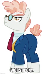 Size: 500x833 | Tagged: safe, artist:cheezedoodle96, edit, svengallop, earth pony, pony, g4, the mane attraction, caption, clothes, glasses, image macro, imgflip, male, necktie, op has a point, shirt, simple background, solo, stallion, suit, tail wrap, text, white background, worst pony
