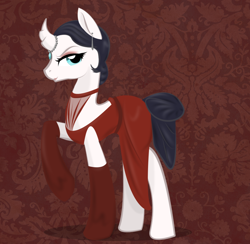 Size: 900x878 | Tagged: safe, artist:askmerriweatherauthor, oc, oc only, oc:china saucer, pony, unicorn, clothes, dress, female, mare, solo