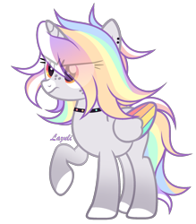 Size: 1620x1851 | Tagged: safe, artist:mint-light, oc, oc only, pegasus, pony, choker, colored hooves, commission, eye clipping through hair, freckles, frown, multicolored hair, pegasus oc, rainbow hair, signature, simple background, solo, transparent background, wings, ych result
