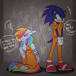 Size: 2062x2062 | Tagged: safe, artist:skye.dragongirl, rainbow dash, g4, bound wings, chained, clothes, cuffs, dialogue, duo, high res, male, prison outfit, prisoner, prisoner rd, sonic the hedgehog, sonic the hedgehog (series), wings