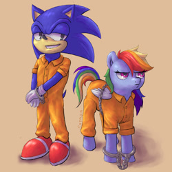 Size: 1280x1280 | Tagged: safe, artist:catmom2020, rainbow dash, pegasus, pony, anthro, g4, bound wings, chained, clothes, cuffs, duo, frustrated, male, prison outfit, prisoner rd, smiling, smirk, sonic the hedgehog, sonic the hedgehog (series), wings