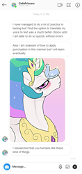 Size: 417x885 | Tagged: safe, artist:arareroll, edit, princess celestia, human, pony, fanfic:it's complicated, g4, blushing, bronybait, cellphone, fanfic art, flowing mane, implied human on pony action, implied interspecies, implied selfie, instagram, jewelry, looking at you, magic, necc, phone, regalia, selfie, solo, towel
