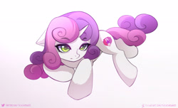 Size: 2427x1475 | Tagged: safe, artist:shavurrr, sweetie belle, pony, unicorn, g4, cute, cutie mark, deviantart link, eyebrows, eyebrows visible through hair, female, filly, floppy ears, gradient background, simple background, solo, the cmc's cutie marks, twitter link