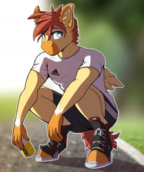 Size: 1578x1884 | Tagged: safe, artist:sunstriderart, oc, oc only, anthro, unguligrade anthro, adidas, can, clothes, ear fluff, looking at you, male, shirt, shoes, shorts, slav squat, sneakers, squatting, t-shirt