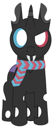 Size: 625x1420 | Tagged: safe, artist:theunidentifiedchangeling, oc, oc only, oc:[unidentified], changeling, 2021 community collab, derpibooru community collaboration, changeling oc, closed mouth, clothes, discussion in the comments, double colored changeling, dreamworks face, eyes open, fangs, heterochromia, looking at you, male, ponysona, scarf, simple background, smiling, solo, story in the comments, transparent background