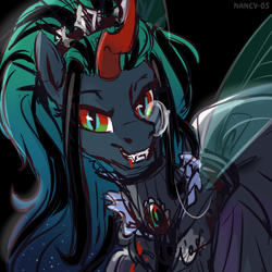 Size: 1500x1500 | Tagged: safe, artist:nancy-05, oc, oc:empress sacer malum, alicorn, hybrid, pony, unicorn, vampire, alicorn amulet, alicorn oc, blood, commissioner:bigonionbean, crooked horn, curved horn, ethereal mane, fangs, female, fusion, fusion:king sombra, fusion:nightmare moon, fusion:queen chrysalis, horn, jewelry, looking at you, mare, monocle, multicolored eyes, parent:king sombra, parent:nightmare moon, parent:princess luna, parent:queen chrysalis, regalia, smiling, wings, writer:bigonionbean