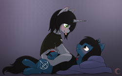 Size: 4620x2899 | Tagged: safe, artist:avery-valentine, artist:nekoremilia1, earth pony, pony, undead, unicorn, zombie, zombie pony, blushing, bring me the horizon, clothes, commission, disguise, disguised siren, fangs, gay, glasgow smile, horn, jewelry, kellin quinn, long sleeves, looking at each other, lying down, male, necklace, oliver sykes, on back, pillow, ponified, scar, shipping, shirt, sitting, sitting on lap, sitting on person, sitting on pony, sleeping with sirens, stallion, stitches, t-shirt, tattoo, tongue out, ych result
