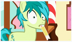 Size: 496x291 | Tagged: safe, screencap, sandbar, earth pony, pony, g4, school daze, season 8, animated in description, cute, grin, looking at you, male, mouth hold, sandabetes, shocked, shocked expression, smiling, solo, stallion, sugarcube corner, ticket