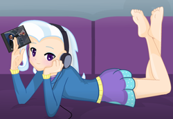 Size: 2010x1390 | Tagged: safe, artist:grapefruitface1, trixie, equestria girls, g4, anime, anime style, barefoot, blue oyster cult, blushing, cd, clothes, couch, feet, feet in the air, hand on cheek, headphones, hoodie, listening, listening to music, looking at you, lying down, rock (music), soles, solo, the pose