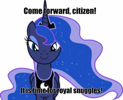 Size: 1266x1034 | Tagged: safe, princess luna, alicorn, pony, g4, bronybait, c:, caption, female, image macro, imminent snuggles, implied snuggling, looking at you, mare, meme, simple background, smiling, smiling at you, snuggling, solo, text, white background