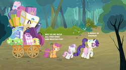 Size: 1178x660 | Tagged: safe, edit, edited screencap, screencap, rarity, scootaloo, sweetie belle, pegasus, pony, unicorn, g4, sleepless in ponyville, camping outfit, dialogue, female, filly, implied anal insertion, implied enema, implied insertion, luggage, luggage cart, mare, text