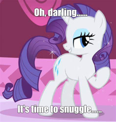 Size: 980x1034 | Tagged: safe, edit, edited screencap, screencap, rarity, g4, bronybait, caption, darling, image macro, imma snuggle you, imminent snuggles, implied snuggling, meme, raised hoof, smiling, snuggling, sparkly mane, text