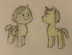 Size: 3229x2460 | Tagged: safe, artist:php159, oc, oc only, oc:errant, oc:omega fuse, earth pony, pony, unicorn, bag, colored pencil drawing, earth pony oc, high res, horn, looking at each other, saddle bag, simple background, traditional art, unicorn oc