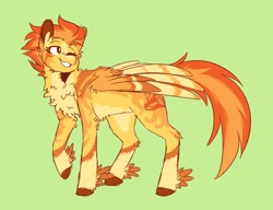 Size: 1952x1502 | Tagged: safe, artist:pretzelprince, spitfire, pegasus, pony, g4, chest fluff, coat markings, colored hooves, colored wings, feathered fetlocks, female, green background, leg fluff, looking back, mare, one eye closed, pale belly, raised hoof, simple background, socks (coat markings), solo, standing, wings