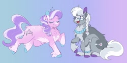 Size: 2523x1248 | Tagged: safe, artist:pretzelprince, diamond tiara, silver spoon, earth pony, pony, g4, alternate design, blaze (coat marking), chest fluff, coat markings, colored hooves, duo, ear fluff, eyes closed, facial markings, female, filly, fluffy, gradient background, open mouth, pale belly, sitting, snip (coat marking), socks (coat markings)