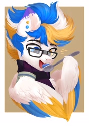 Size: 1527x2160 | Tagged: safe, artist:sofiko-ko, oc, oc only, oc:alan techard, pegasus, pony, colored wings, commission, ear piercing, earring, eating, glasses, heterochromia, jewelry, multicolored wings, open mouth, piercing, solo, wings