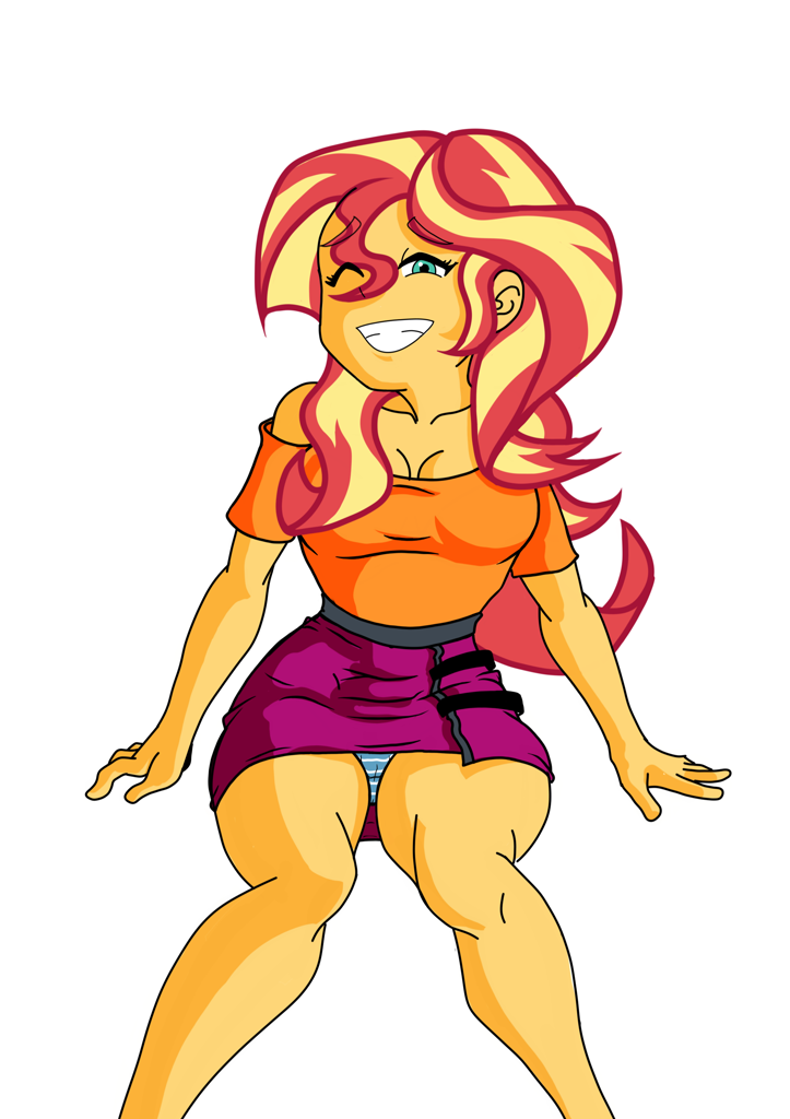 2499818 - suggestive, artist:smoker, sunset shimmer, equestria girls,  breasts, cleavage, clothes, one eye closed, panties, panty shot, sitting,  smiling, striped underwear, underwear, wink - Derpibooru