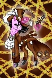 Size: 1080x1596 | Tagged: safe, artist:jvarts6112, oc, oc only, oc:doctor gear, cyborg, pony, unicorn, antagonist, chains, christmas, clock, evil, feather, female, gears, glasses, gun, hat, holiday, magic, meta, oc villain, piercing, smiling, solo, steampunk, villainess, weapon