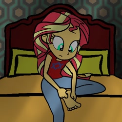 Size: 768x768 | Tagged: safe, artist:thatradhedgehog, sunset shimmer, equestria girls, g4, barefoot, bed, feet, scratching, solo, star of david