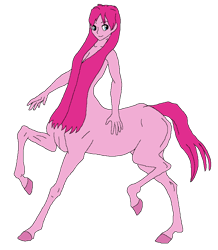 Size: 754x866 | Tagged: safe, artist:cdproductions66, artist:nypd, pinkie pie, centaur, monster girl, anthro, g4, alternate hairstyle, base used, centaur pie, centaurified, cleavage, female, godiva hair, hooves, human head, light blue eyes, missing cutie mark, nudity, pink hair, pinkamena diane pie, raised hooves, simple background, solo, strategically covered, transparent background
