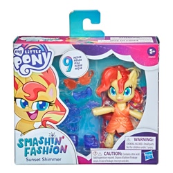 Size: 900x900 | Tagged: safe, sunset shimmer, unicorn, semi-anthro, g4.5, official, arm hooves, boots, bow, clothes, doll, dress, female, figure, it happened, merchandise, my little pony logo, pony history, shoes, smashin' fashion, smiling, solo, sunglasses, toy, toy packaging