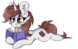 Size: 350x219 | Tagged: safe, artist:woonborg, oc, oc only, oc:dorm pony, pony, unicorn, animated, book, brown eyes, ear fluff, pixel art, simple background, solo, transparent background