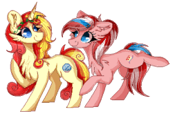 Size: 402x270 | Tagged: safe, artist:woonborg, oc, oc only, oc:miss libussa, oc:radoslava, earth pony, pony, unicorn, :p, animated, chest fluff, ear fluff, eyeroll, mascot, simple background, tongue out, transparent background