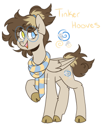 Size: 1280x1567 | Tagged: safe, artist:hehepeachyy, oc, oc only, oc:tinker hooves, pegasus, pony, clothes, cloven hooves, female, glasses, heterochromia, mare, offspring, parent:derpy hooves, parent:doctor whooves, parents:doctorderpy, scarf, simple background, solo, transparent background