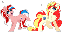 Size: 2450x1302 | Tagged: safe, artist:woonborg, oc, oc only, oc:miss libussa, oc:radoslava, earth pony, pony, unicorn, chest fluff, duo, ear fluff, mascot, simple background, transparent background