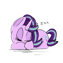 Size: 768x768 | Tagged: safe, artist:pnpn_721, starlight glimmer, pony, unicorn, g4, cute, eyes closed, female, glimmerbetes, lying down, mare, onomatopoeia, prone, simple background, sleeping, solo, sound effects, white background, zzz