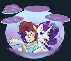 Size: 3300x2850 | Tagged: safe, artist:helixjack, rarity, oc, oc:ashiinu, pony, g4, blue background, blushing, character to character, circle background, commission, dialogue, duplication, female, fetish, floating heart, glowing horn, gradient background, heart, high res, horn, human oc, human to pony, latex, mare, purple background, rubber, sequel, shiny, simple background, speech bubble, transformation, twinning