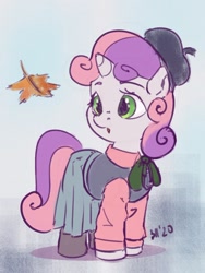 Size: 868x1153 | Tagged: safe, artist:drafthoof, sweetie belle, pony, unicorn, g4, autumn, beatnik, clothes, cute, diasweetes, female, filly, leaf, open mouth, simple background, skirt, solo