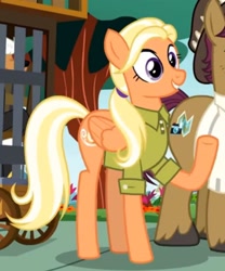 Size: 1511x1817 | Tagged: safe, screencap, mane allgood, snap shutter, pegasus, pony, g4, the last crusade, clothes, cropped, female, folded wings, male, mare, ponytail, raised hoof, shirt, solo focus, stallion, underhoof, unshorn fetlocks, wings