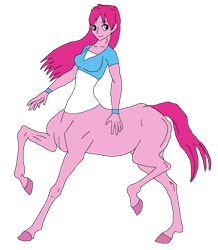 Size: 754x866 | Tagged: safe, alternate version, artist:cdproductions66, artist:nypd, pinkie pie, centaur, monster girl, anthro, g4, alternate hairstyle, base used, bracelet, breasts, busty pinkie pie, centaur pie, centaurified, clothes, hooves, human head, jewelry, light blue eyes, long hair, missing cutie mark, pink hair, pinkamena diane pie, raised hooves, reasonably sized breasts, shirt, short sleeves, simple background, solo, transparent background, undershirt