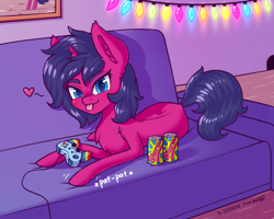 Size: 1600x1280 | Tagged: safe, artist:dsp2003, oc, oc only, oc:fizzy pop, pony, unicorn, :p, bedroom eyes, blushing, christmas, christmas lights, controller, couch, female, gift art, heart, holiday, looking at you, mare, mouse hole, painting, slurm, tongue out