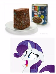 Size: 3106x4096 | Tagged: safe, rarity, pony, unicorn, g4, canned food, oh no, scared, simple background, solo, unicorn meat, wat, white background