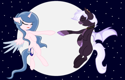 Size: 1291x833 | Tagged: safe, artist:lominicinfinity, oc, oc only, oc:midnight star, oc:sparkdust knight, alicorn, bat pony, pony, female, flying, male, mare, moon, stallion
