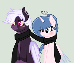 Size: 943x804 | Tagged: safe, artist:lominicinfinity, oc, oc only, oc:midnight star, oc:sparkdust knight, alicorn, bat pony, pony, clothes, female, male, mare, scarf, shared clothing, shared scarf, simple background, stallion