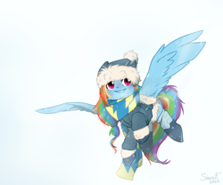 Size: 2976x2480 | Tagged: safe, artist:sinrinf, rainbow dash, pegasus, pony, g4, clothes, flying, hat, high res, scarf, smiling, snow, socks, solo