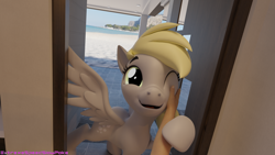 Size: 7680x4320 | Tagged: safe, artist:extremespeed slowpoke, derpy hooves, pegasus, pony, g4, 3d, beach, blender, cute, derpabetes, offscreen character, petting, pov, revamped ponies